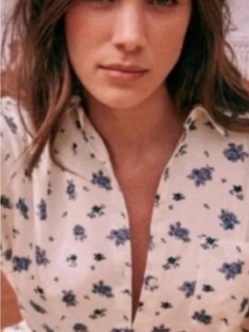 Sezane Cream Button-Front Top with Blue Floral Print